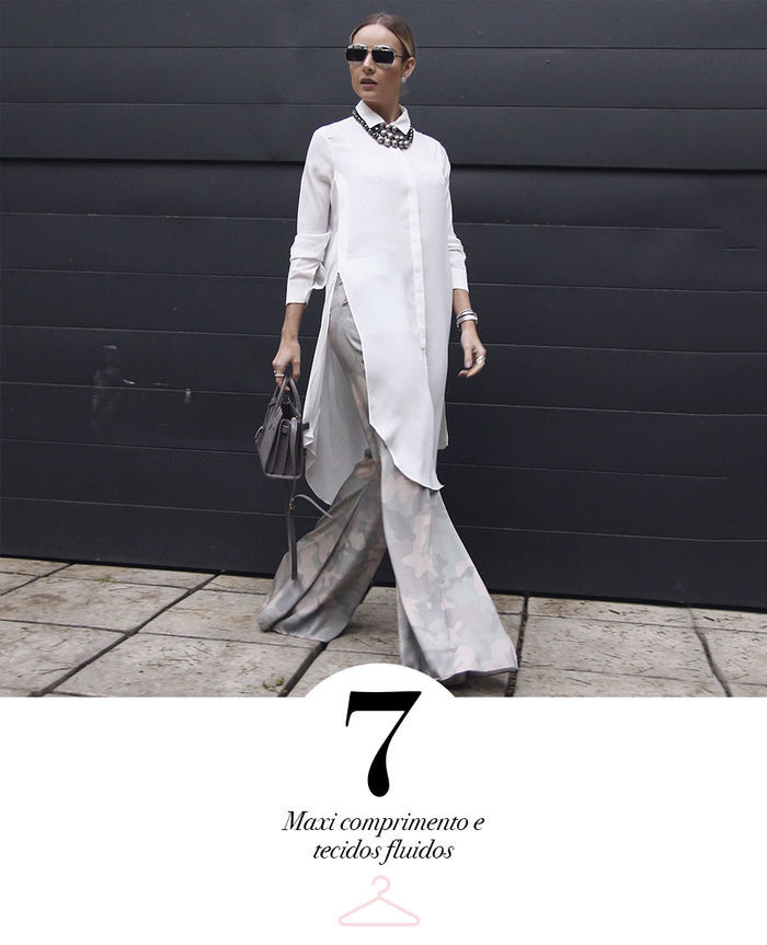 Layla Monteiro dicas de como usar alfaiataria look atualizado com camisa branca longa maxi comprimento e calça flare camuflada tecido fluido
