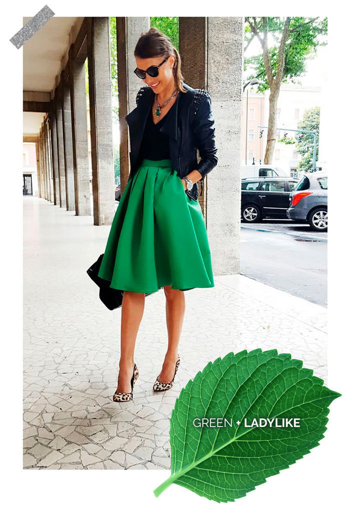 Layla Monteiro truque de estilo look com cor marcante saia godê verde