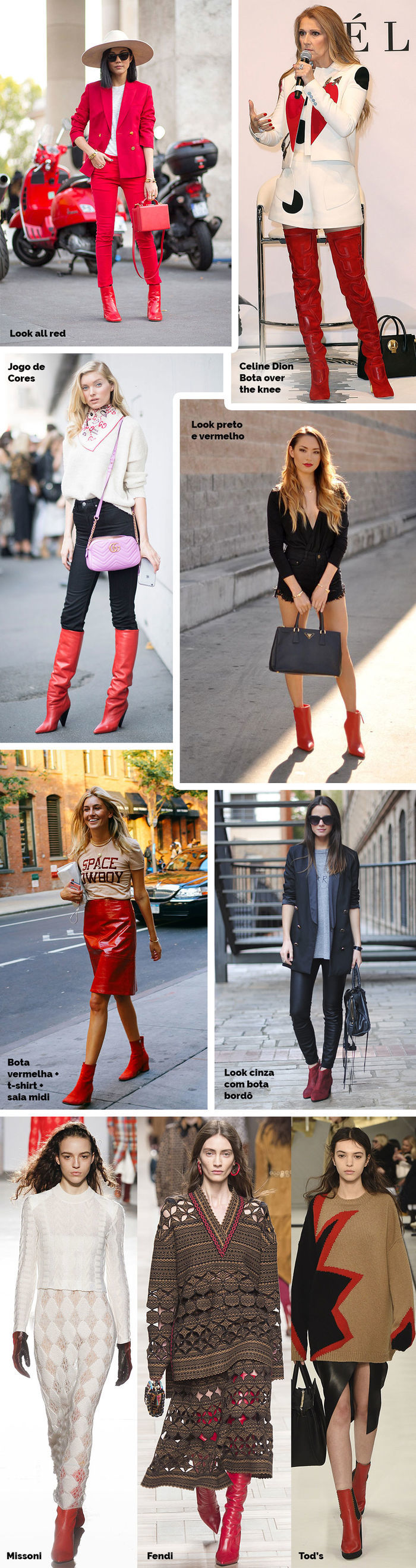 Layla Monteiro look com bota vermelha tendência Missoni Tod's Fendi Celine Dion red boots