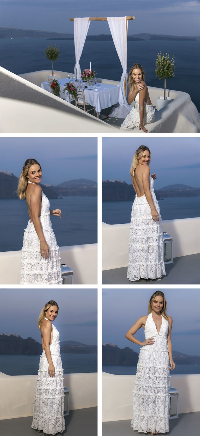 Layla Monteiro pedido de casamento na Grécia Santorini vestido branco renda costas de fora